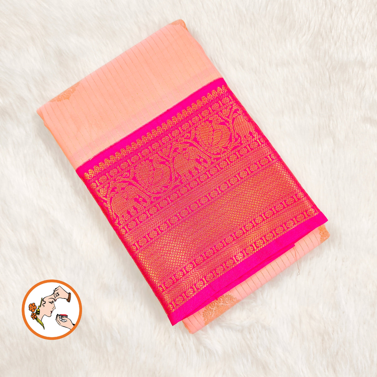 Peachy Pink with Dark Pink border vertical stripes Kanchipuram Semi Silk Saree