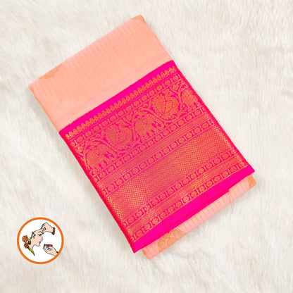 Peachy Pink with Dark Pink border vertical stripes Kanchipuram Semi Silk Saree