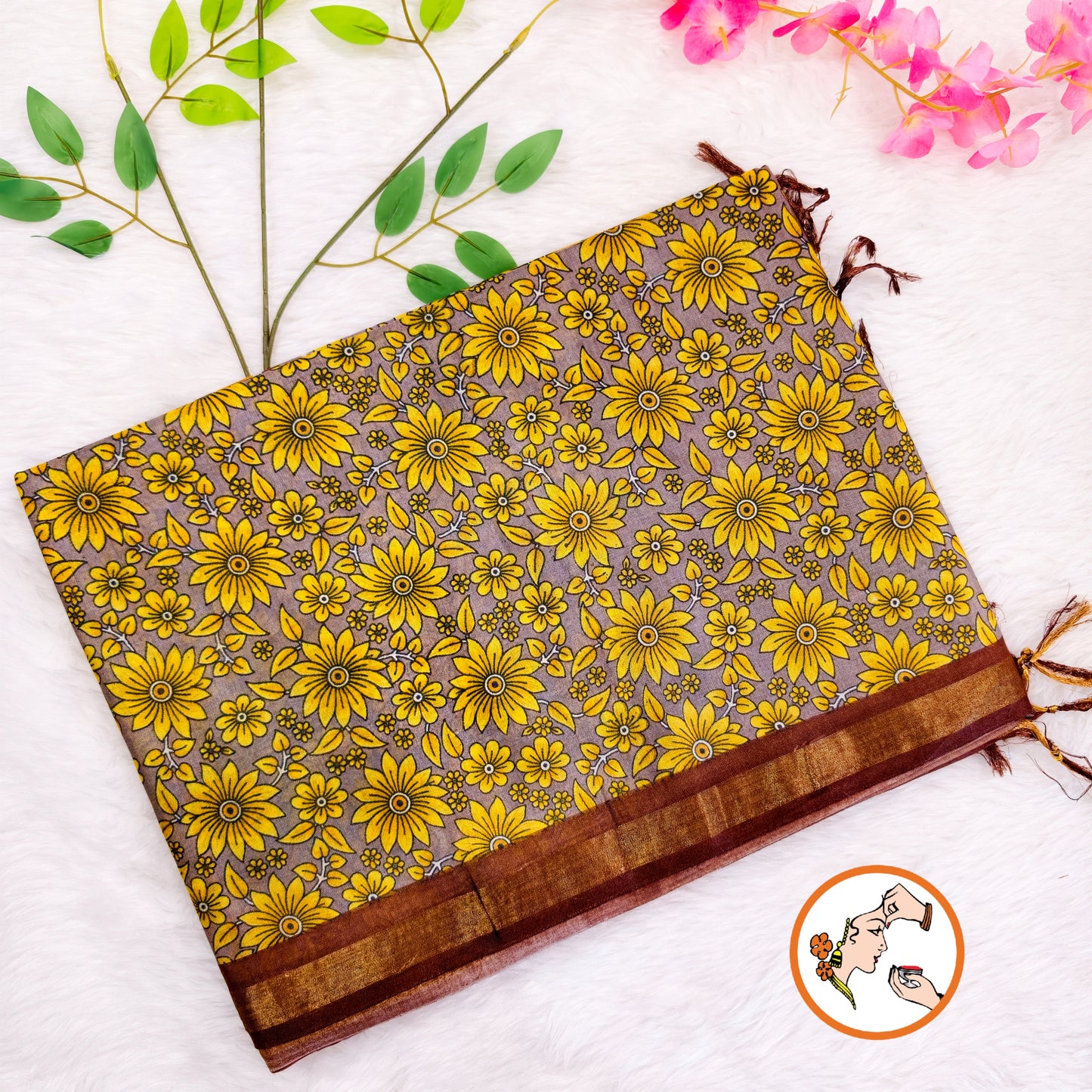 Grey with Brown Floral Bhagal puri Cotton Casual Saree