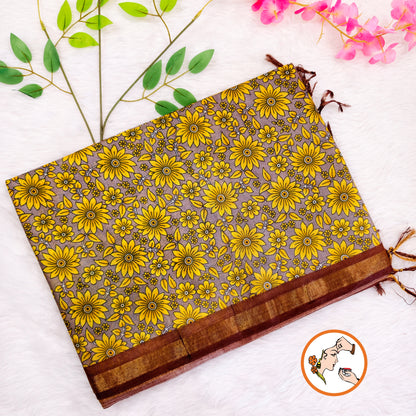 Grey with Brown Floral Bhagal puri Cotton Casual Saree