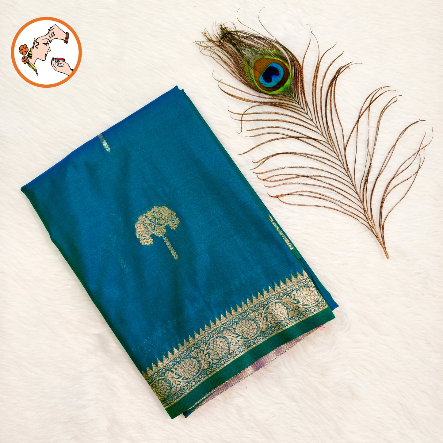 Peacock Blue colour small border Soft Silk Saree with contrast blouse