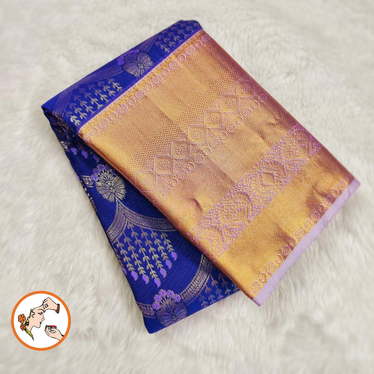Blue with Lavender border intricate Golden zari weavings Kanchipuram Mix Silk Saree