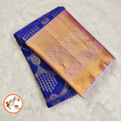 Blue with Lavender border intricate Golden zari weavings Kanchipuram Mix Silk Saree