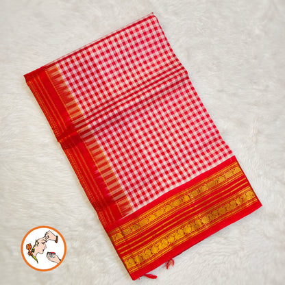 Red Classic Podi Kattam(checkered pattern) Pure handloom Silk Cotton Saree