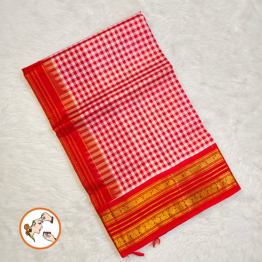 Red Classic Podi Kattam(checkered pattern) Pure handloom Silk Cotton Saree