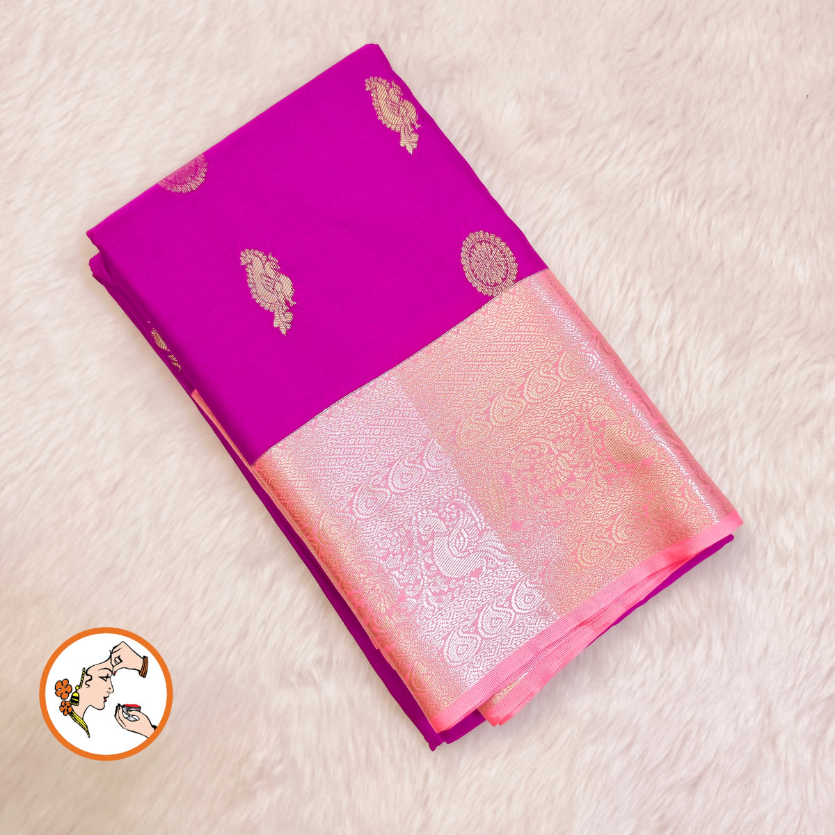 Purple with Baby Pink border Mayil chakram butta Kanchipuram Mix Silk Saree