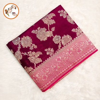 Wine colour with Pink border floral Jaal design Banarasi Silk Saree (Light Weight)