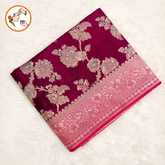 Wine colour with Pink border floral Jaal design Banarasi Silk Saree (Light Weight)