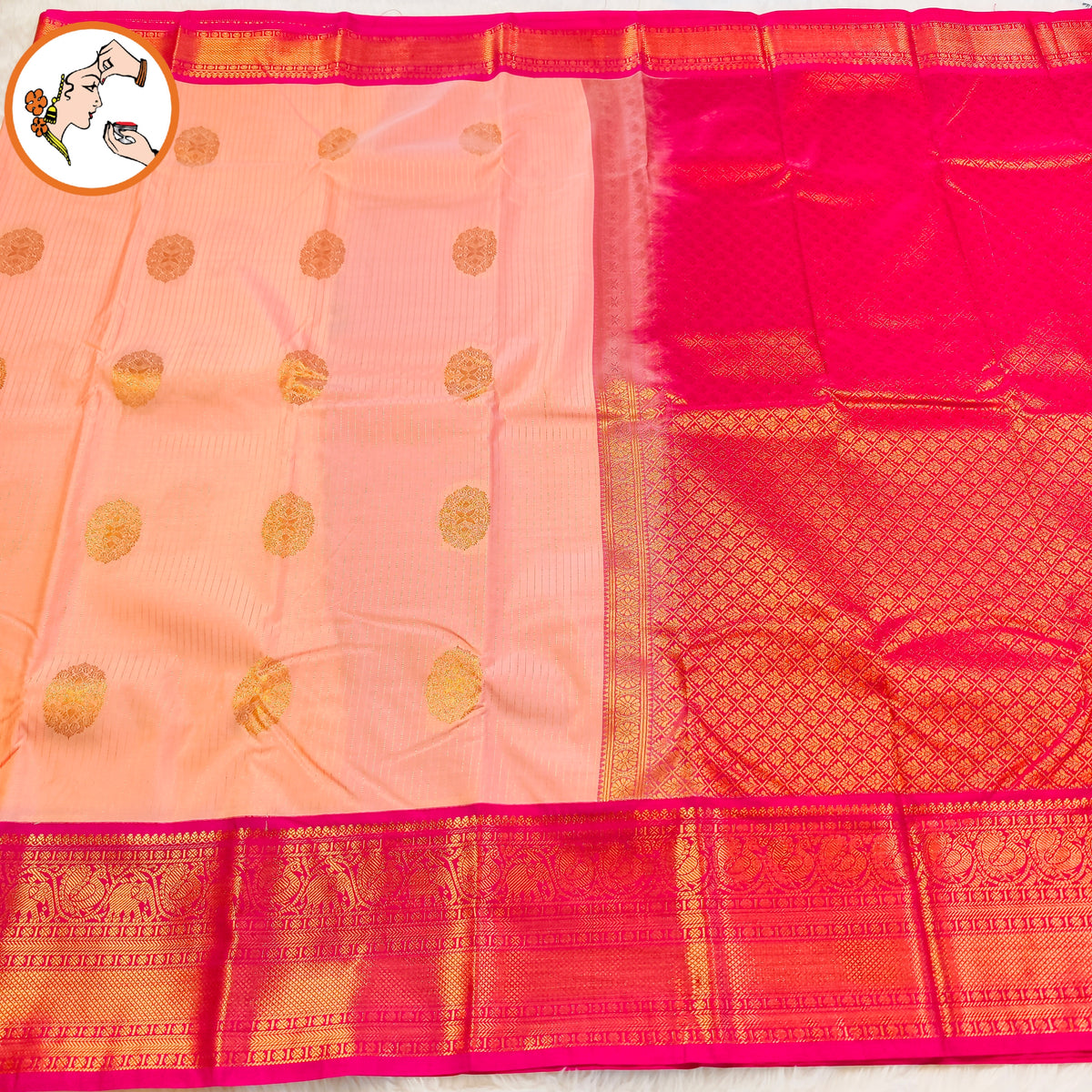 Peachy Pink with Dark Pink border vertical stripes Kanchipuram Semi Silk Saree