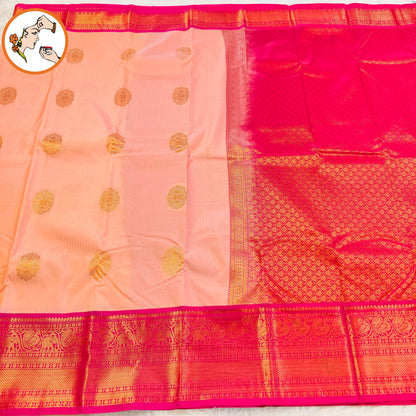 Peachy Pink with Dark Pink border vertical stripes Kanchipuram Semi Silk Saree