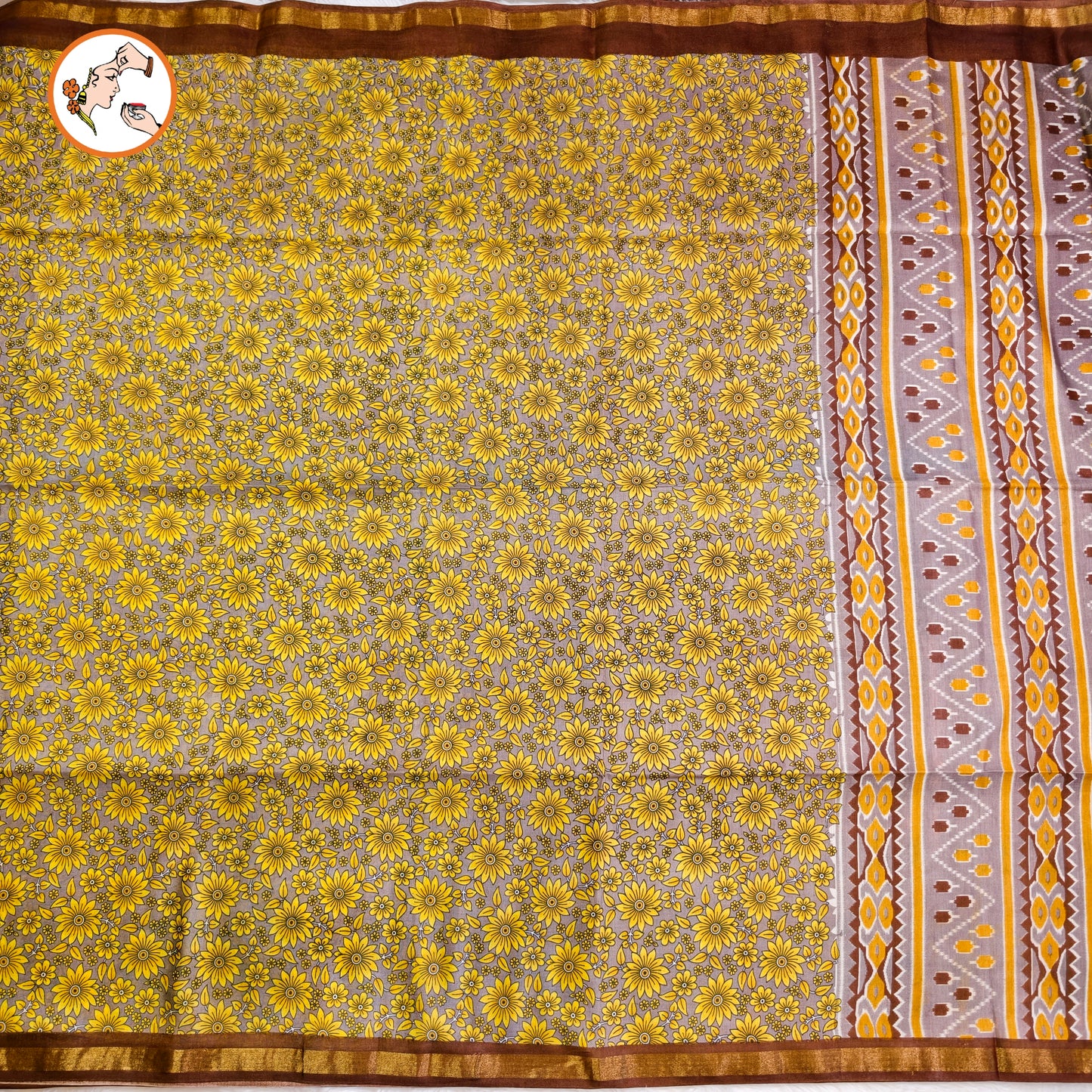 Grey with Brown Floral Bhagal puri Cotton Casual Saree