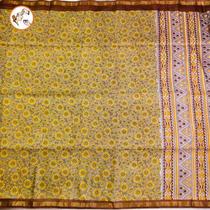 Grey with Brown Floral Bhagal puri Cotton Casual Saree