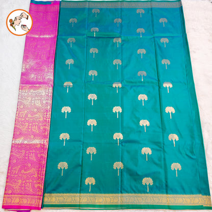 Peacock Blue colour small border Soft Silk Saree with contrast blouse
