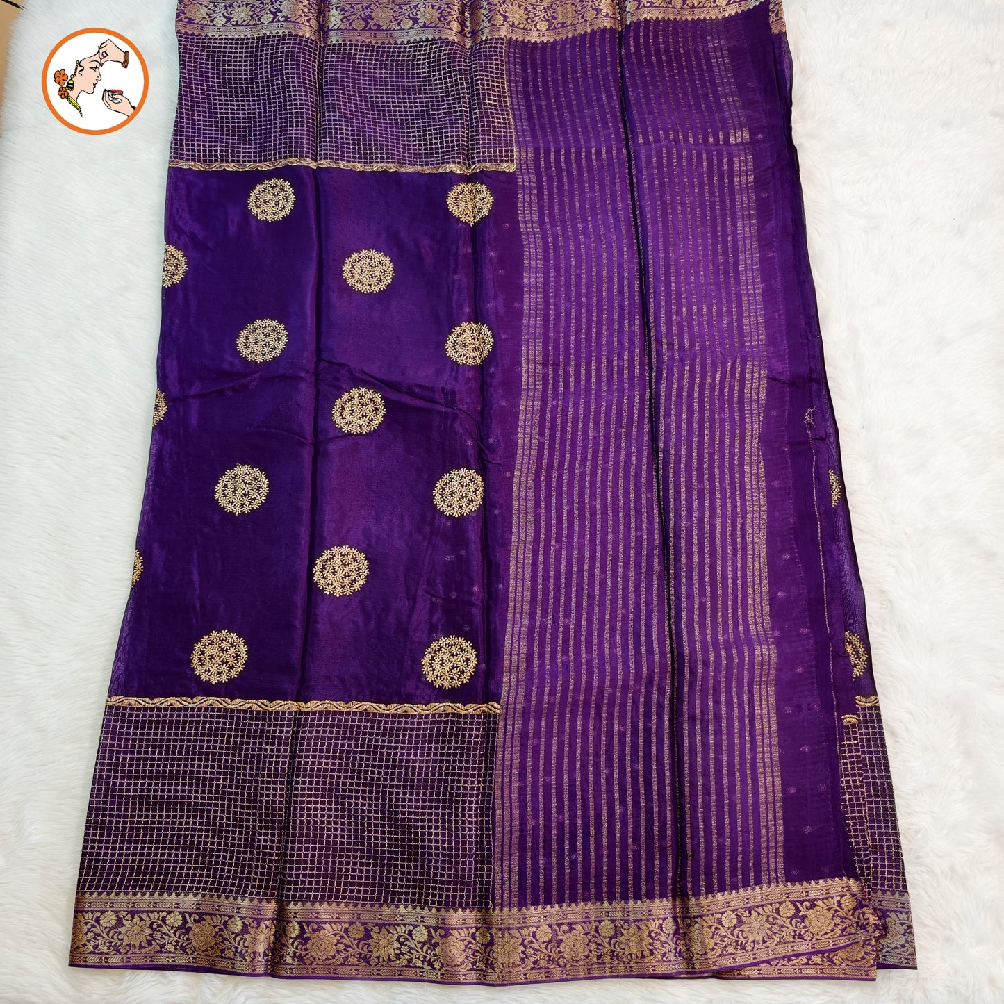 Purple  colour Golden Embriodery Premium Wrinkle Chiffon Georgette Designer Saree