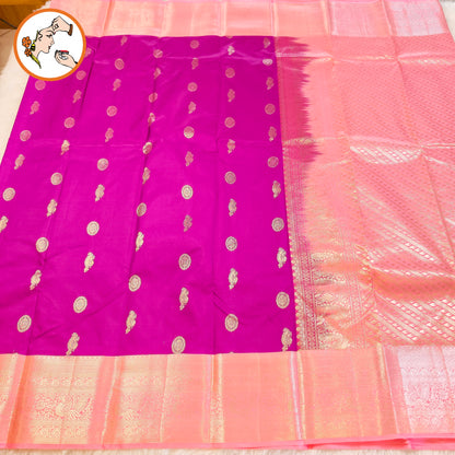 Purple with Baby Pink border Mayil chakram butta Kanchipuram Mix Silk Saree