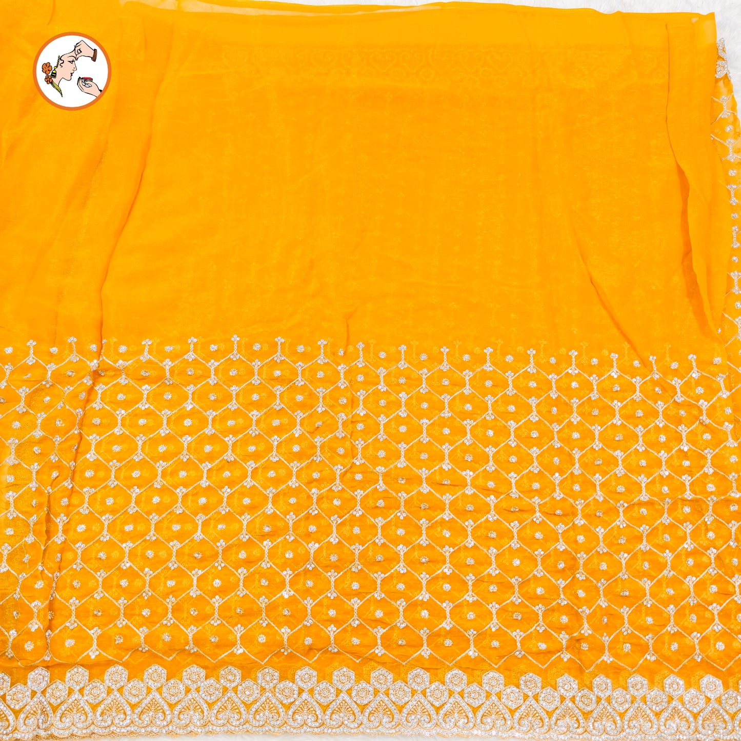 Golden Yellow Full Silver Stonework Cutwork border Bridal Partywear Organza Saree