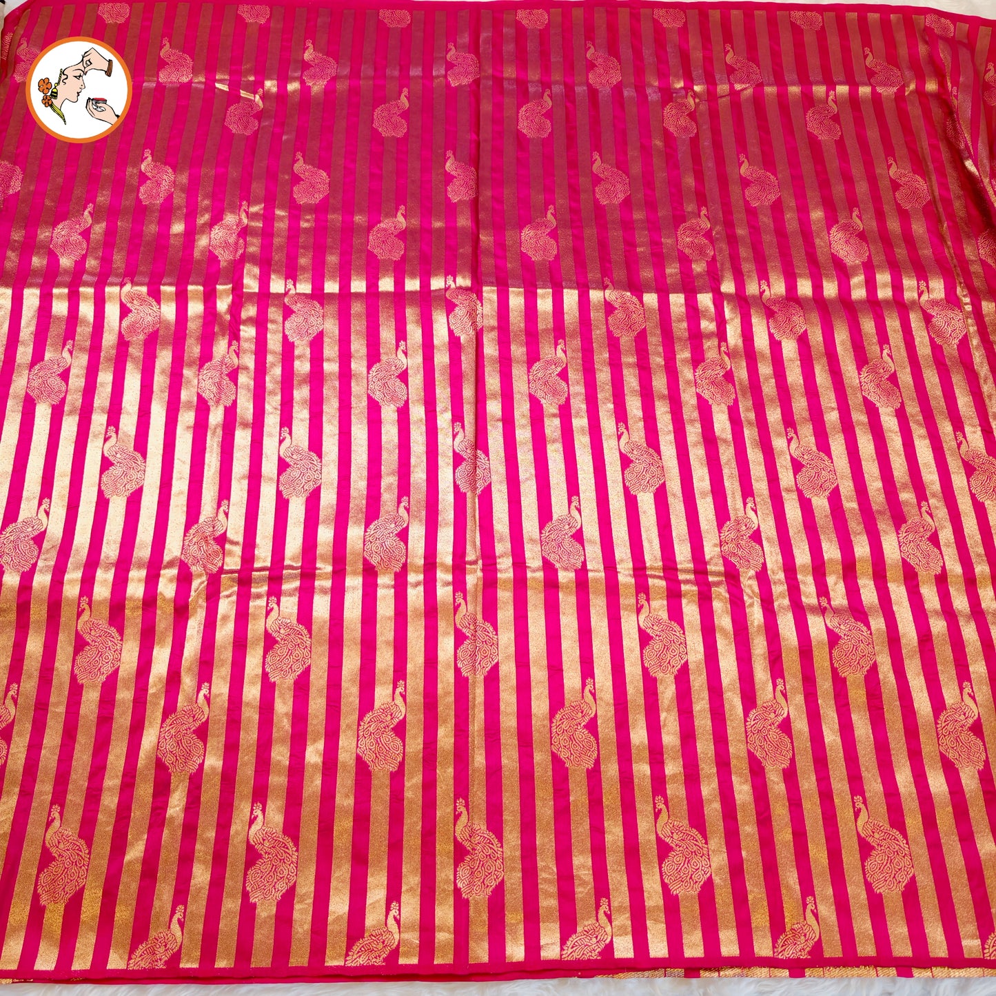 Pink borderless Golden stripes Peacock motif Fancy Silk Saree