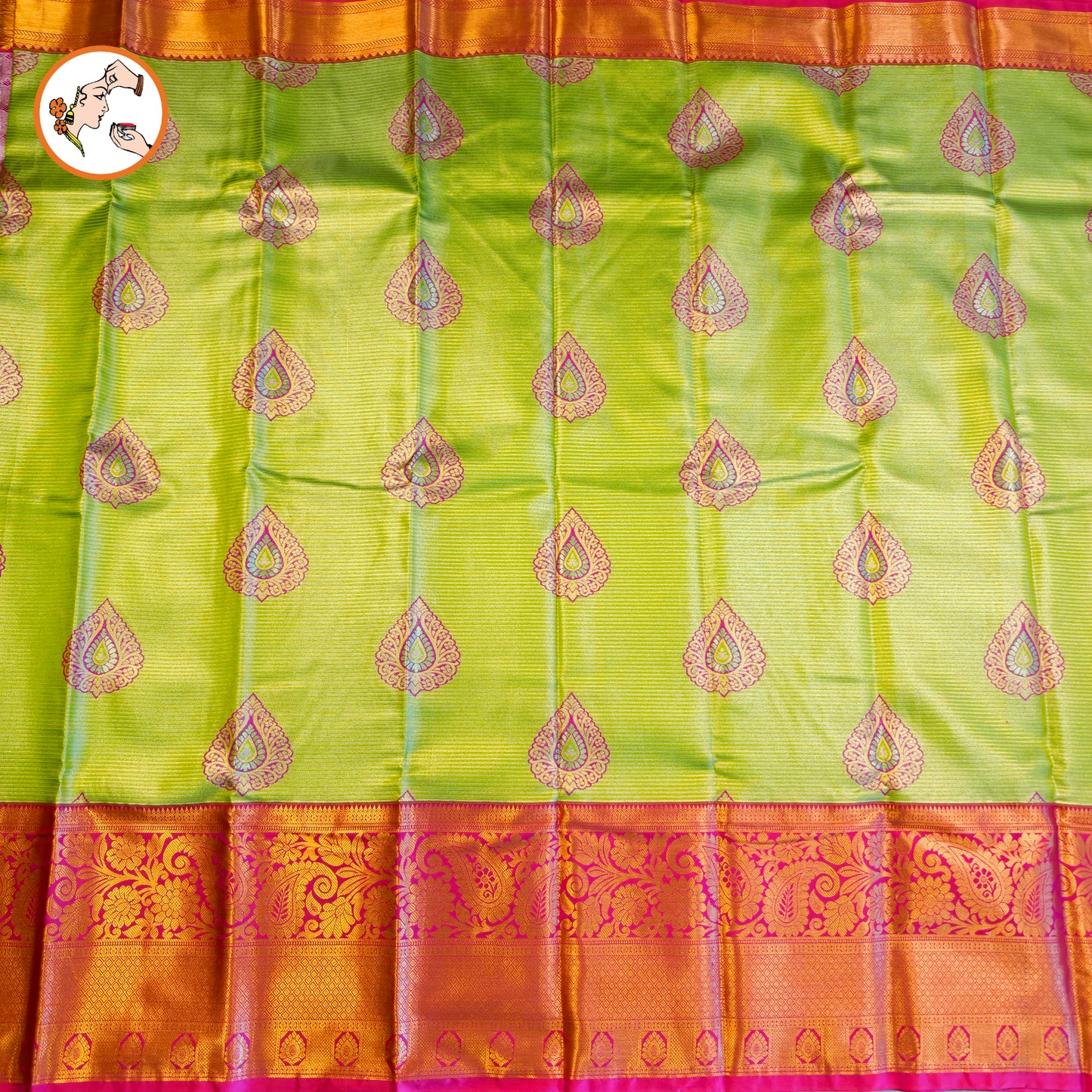 Parrot Green with Pink border Kanchipuram Tissue Saree with horizontal Stripes