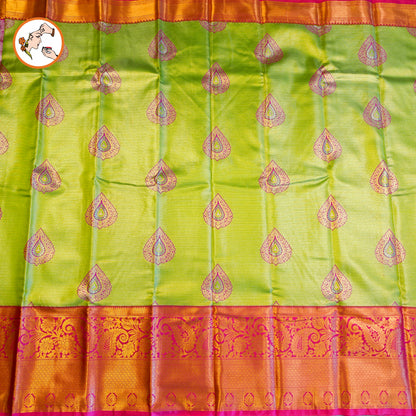 Parrot Green with Pink border Kanchipuram Tissue Saree with horizontal Stripes