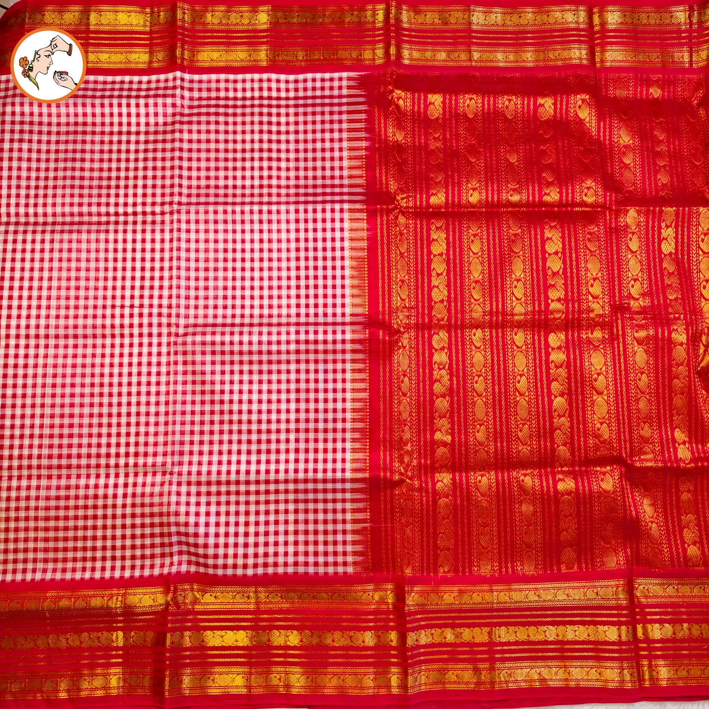 Red Classic Podi Kattam(checkered pattern) Pure handloom Silk Cotton Saree
