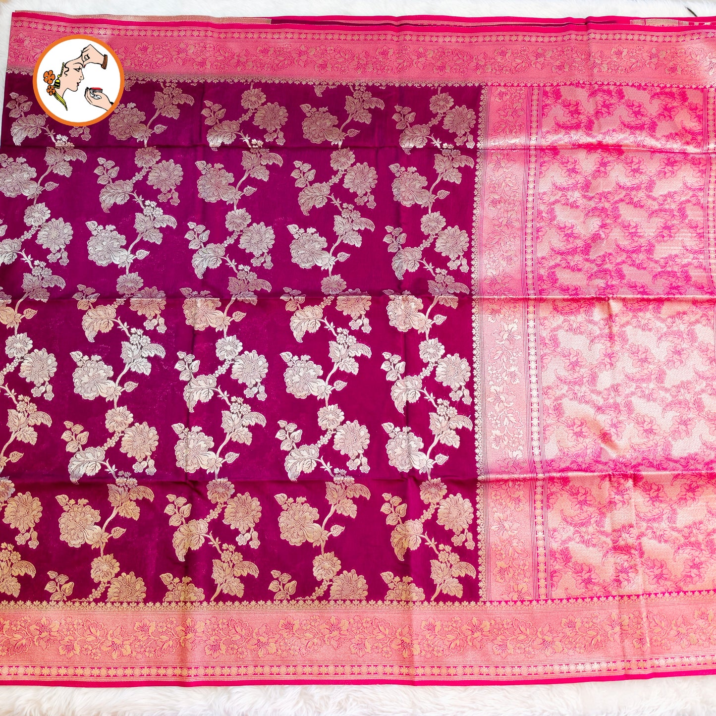 Wine colour with Pink border floral Jaal design Banarasi Silk Saree (Light Weight)
