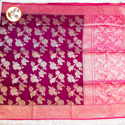 Wine colour with Pink border floral Jaal design Banarasi Silk Saree (Light Weight)