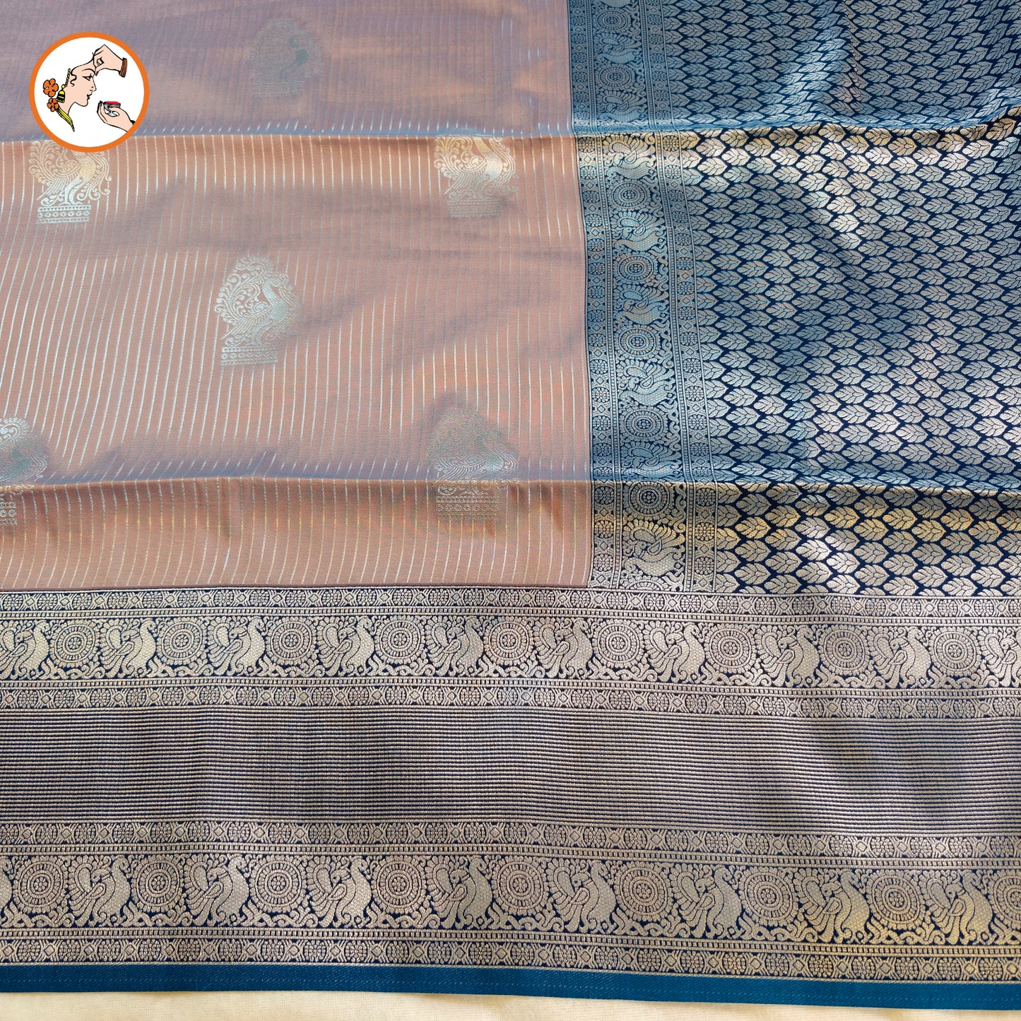 Pinkish Grey with Blue border Soft Silk Saree with Vertical stripes & Peacock motifs