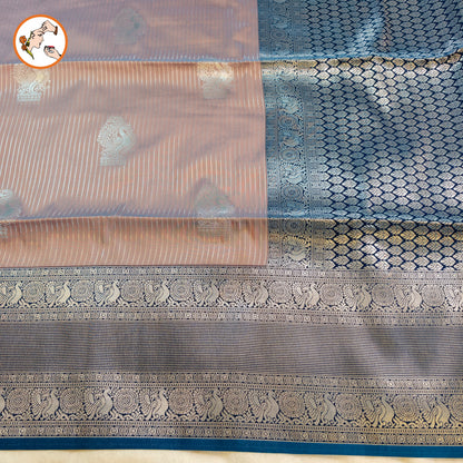 Pinkish Grey with Blue border Soft Silk Saree with Vertical stripes & Peacock motifs