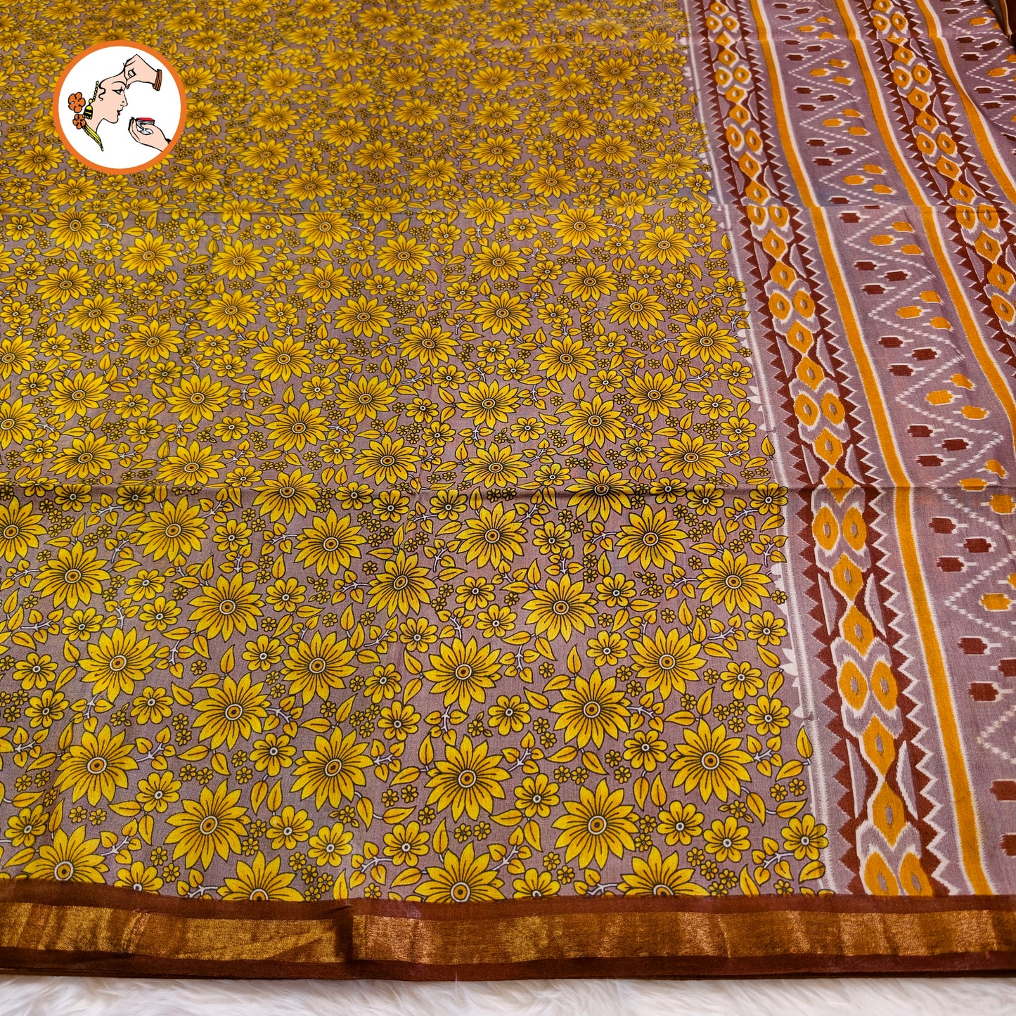 Grey with Brown Floral Bhagal puri Cotton Casual Saree