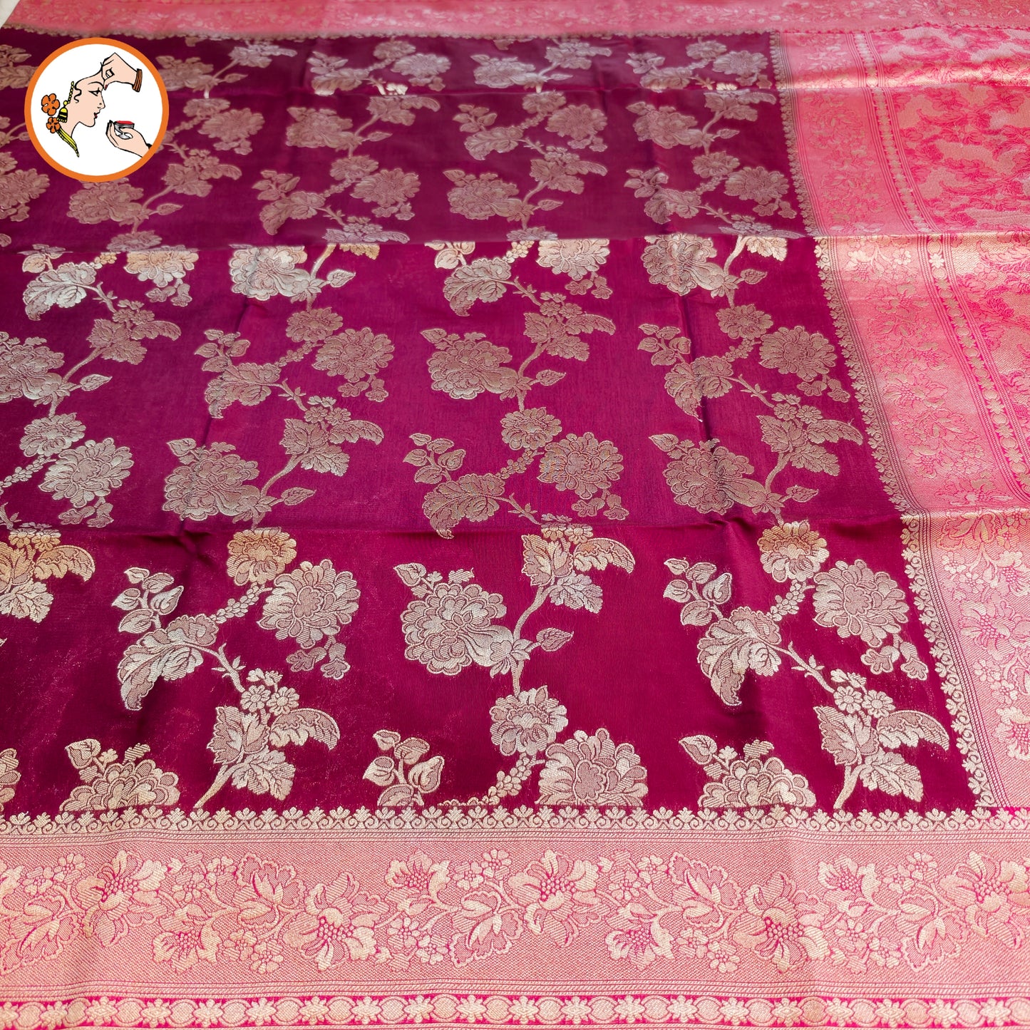 Wine colour with Pink border floral Jaal design Banarasi Silk Saree (Light Weight)