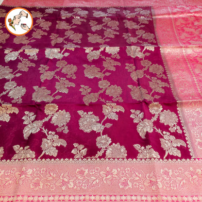Wine colour with Pink border floral Jaal design Banarasi Silk Saree (Light Weight)