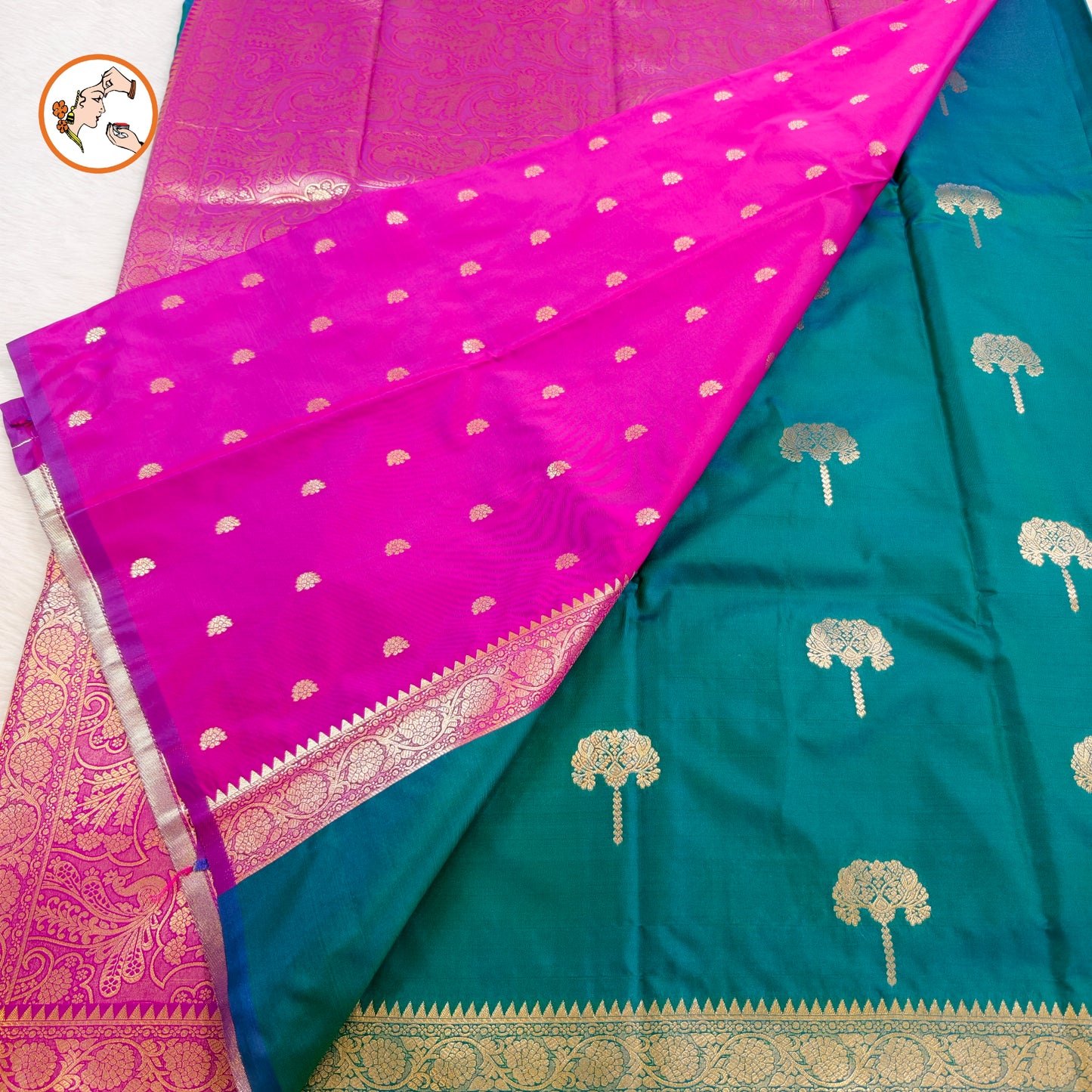 Peacock Blue colour small border Soft Silk Saree with contrast blouse