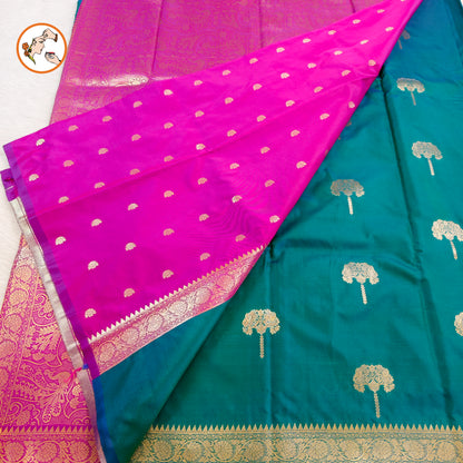 Peacock Blue colour small border Soft Silk Saree with contrast blouse