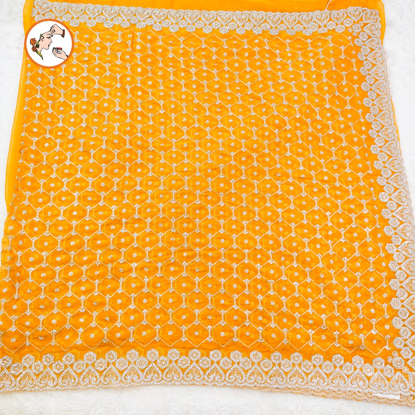 Golden Yellow Full Silver Stonework Cutwork border Bridal Partywear Organza Saree