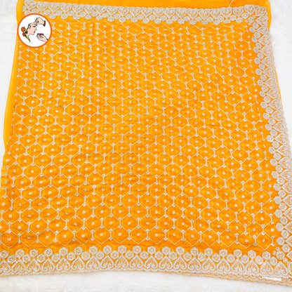 Golden Yellow Full Silver Stonework Cutwork border Bridal Partywear Organza Saree