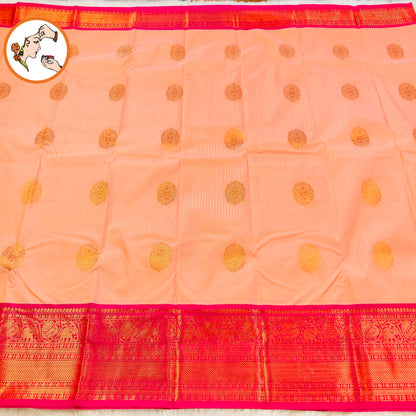 Peachy Pink with Dark Pink border vertical stripes Kanchipuram Semi Silk Saree