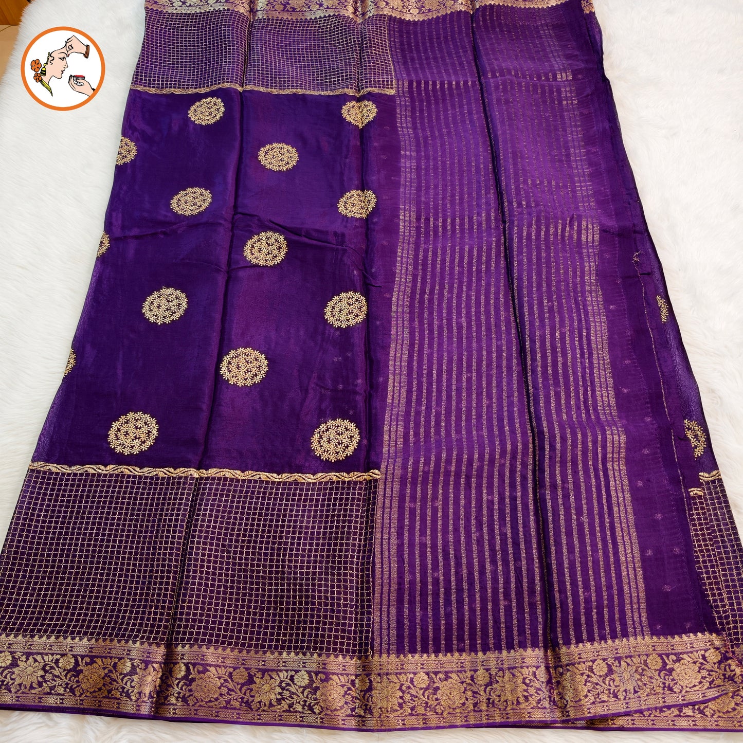 Purple  colour Golden Embriodery Premium Wrinkle Chiffon Georgette Designer Saree