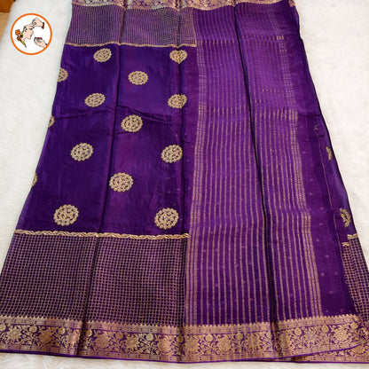 Purple  colour Golden Embriodery Premium Wrinkle Chiffon Georgette Designer Saree