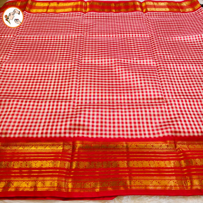 Red Classic Podi Kattam(checkered pattern) Pure handloom Silk Cotton Saree