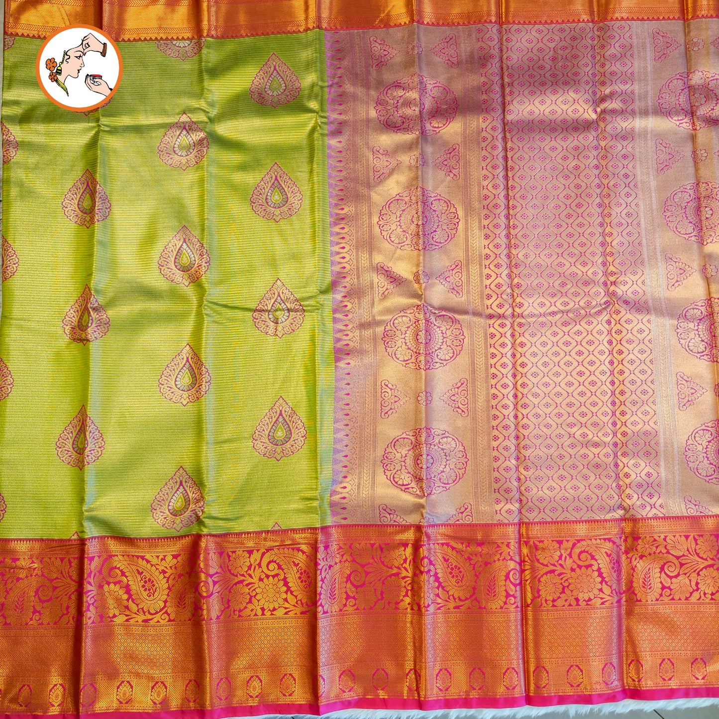 Parrot Green with Pink border Kanchipuram Tissue Saree with horizontal Stripes