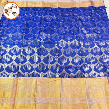 Blue with Lavender border intricate Golden zari weavings Kanchipuram Mix Silk Saree
