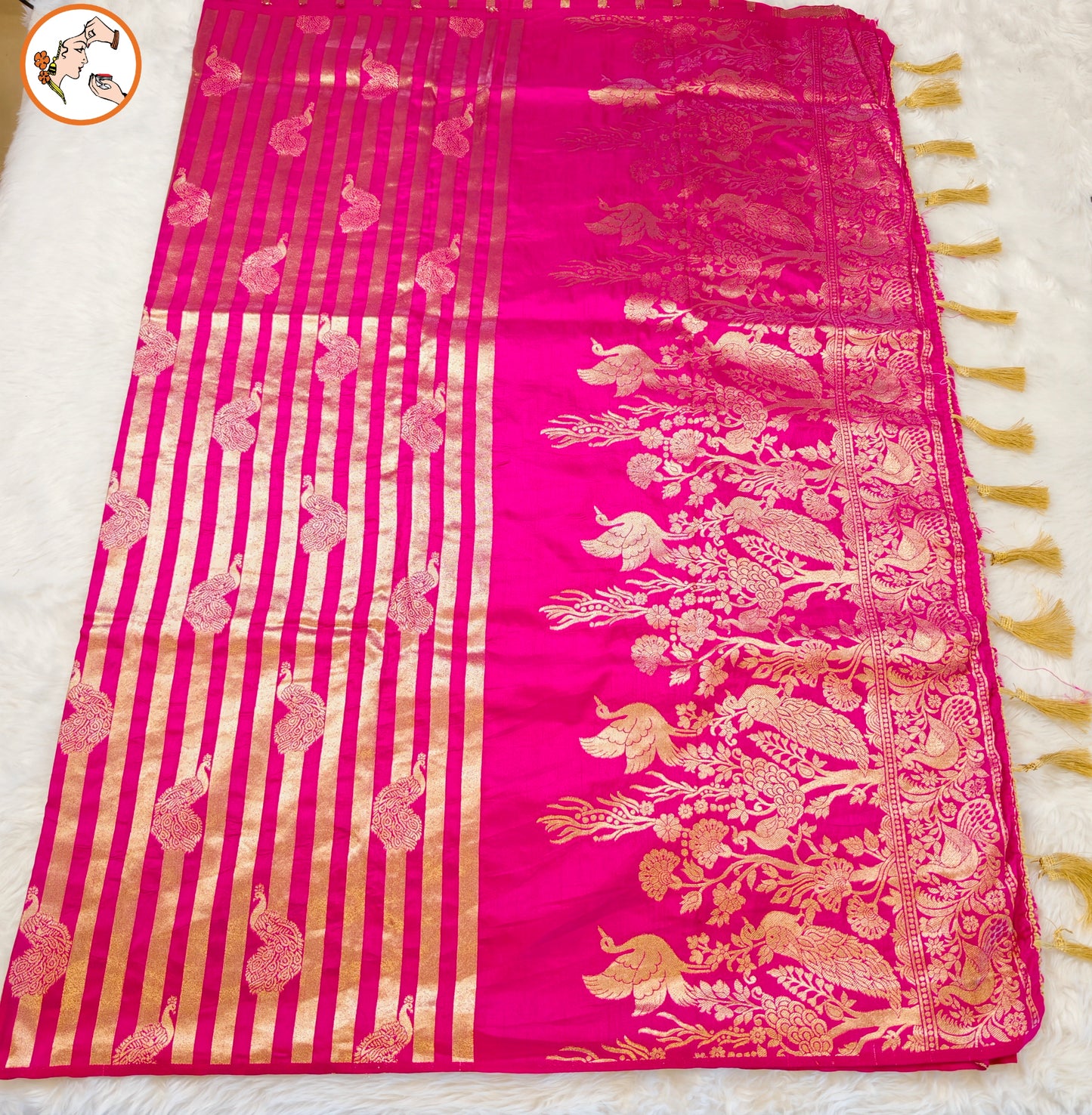 Pink borderless Golden stripes Peacock motif Fancy Silk Saree