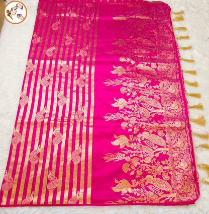 Pink borderless Golden stripes Peacock motif Fancy Silk Saree