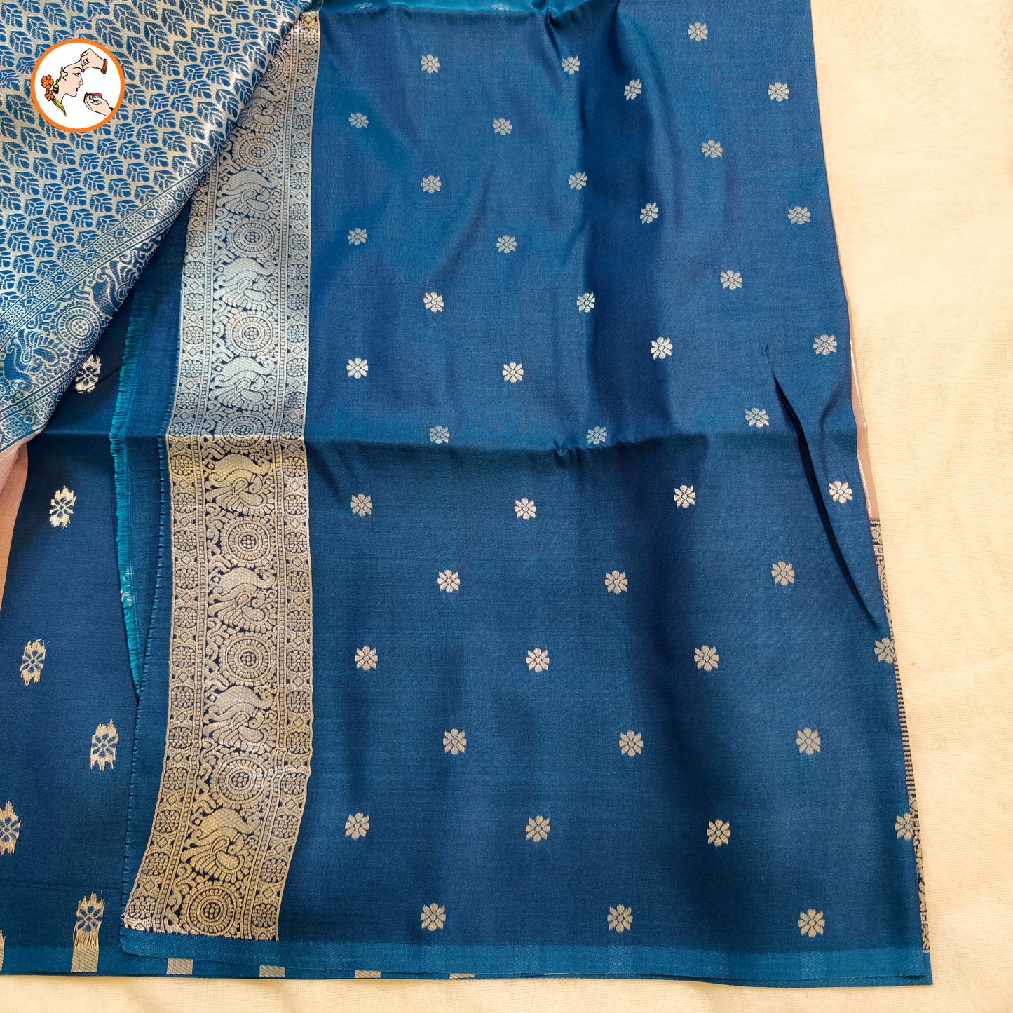 Pinkish Grey with Blue border Soft Silk Saree with Vertical stripes & Peacock motifs