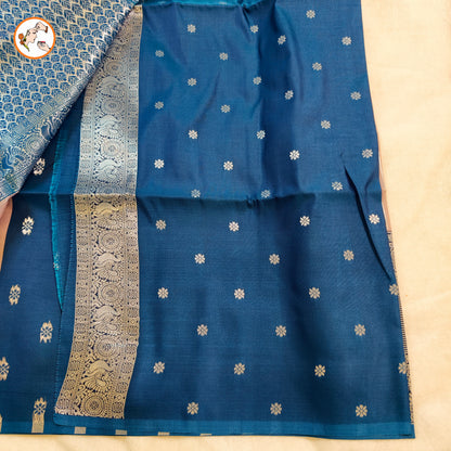 Pinkish Grey with Blue border Soft Silk Saree with Vertical stripes & Peacock motifs