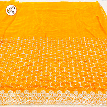 Golden Yellow Full Silver Stonework Cutwork border Bridal Partywear Organza Saree