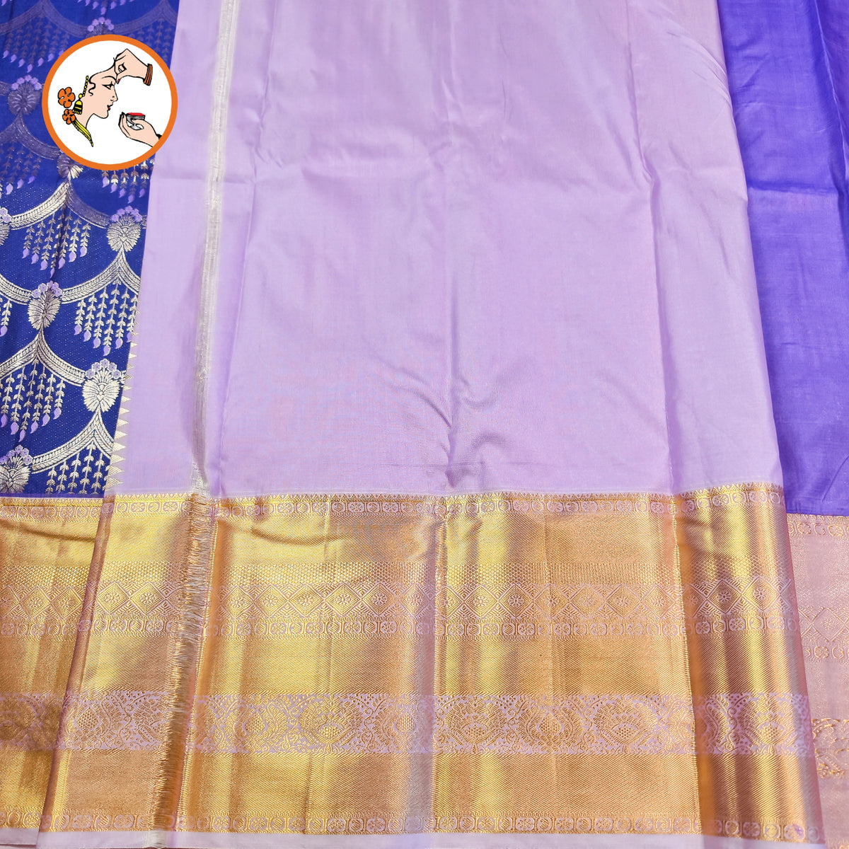 Blue with Lavender border intricate Golden zari weavings Kanchipuram Mix Silk Saree