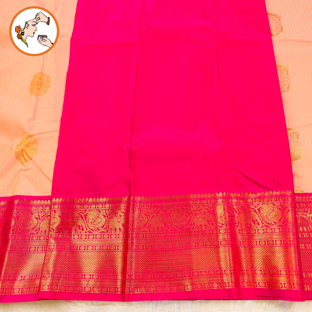 Peachy Pink with Dark Pink border vertical stripes Kanchipuram Semi Silk Saree