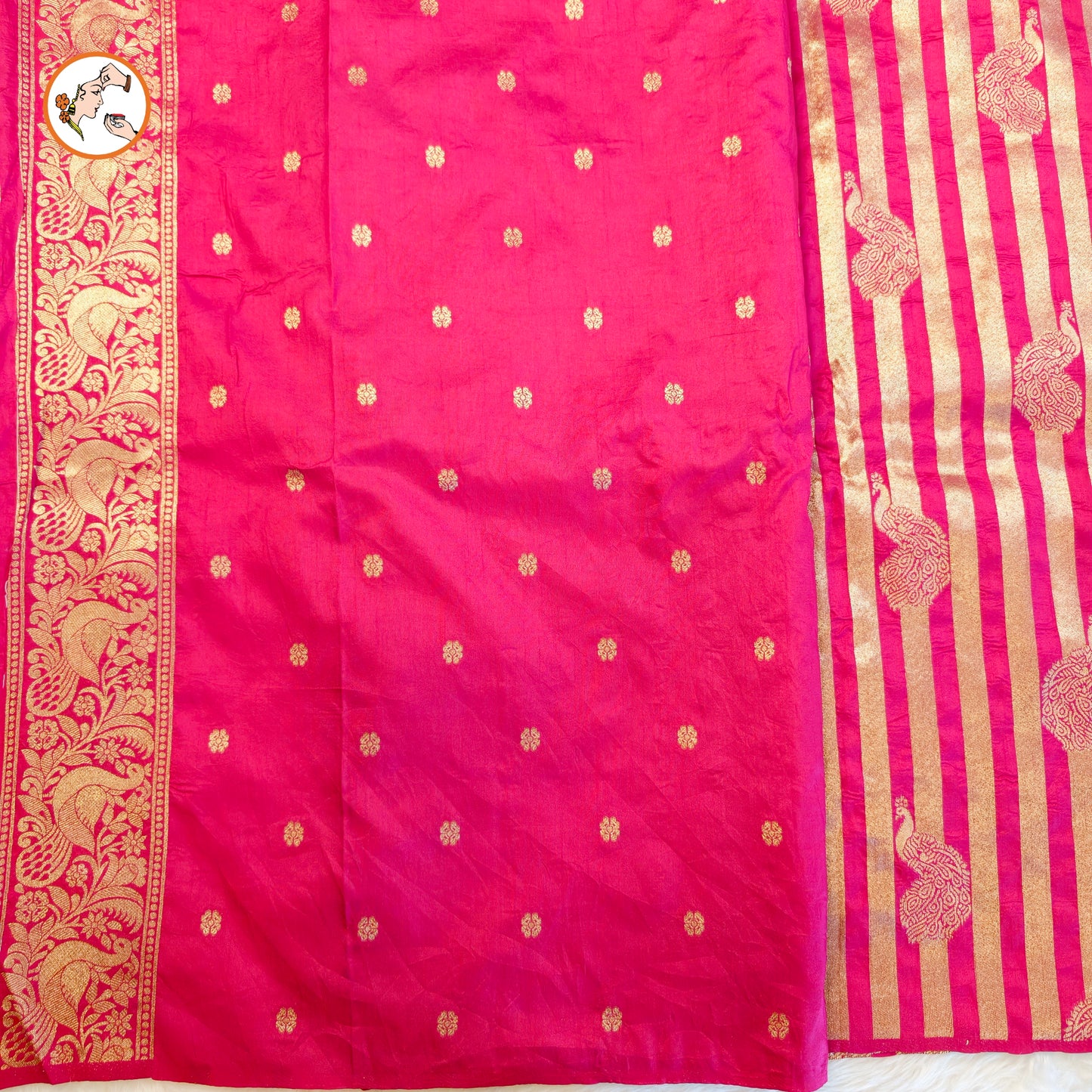 Pink borderless Golden stripes Peacock motif Fancy Silk Saree