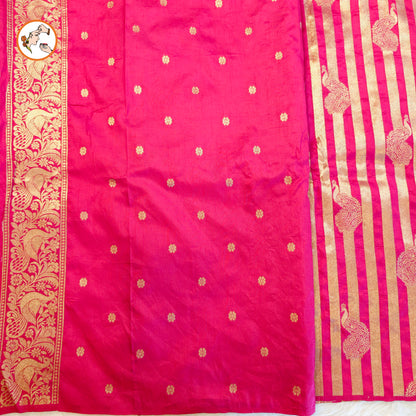 Pink borderless Golden stripes Peacock motif Fancy Silk Saree